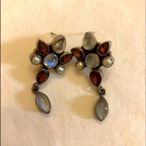 Sterling Moonstone, Pearl and Garnet Earrings